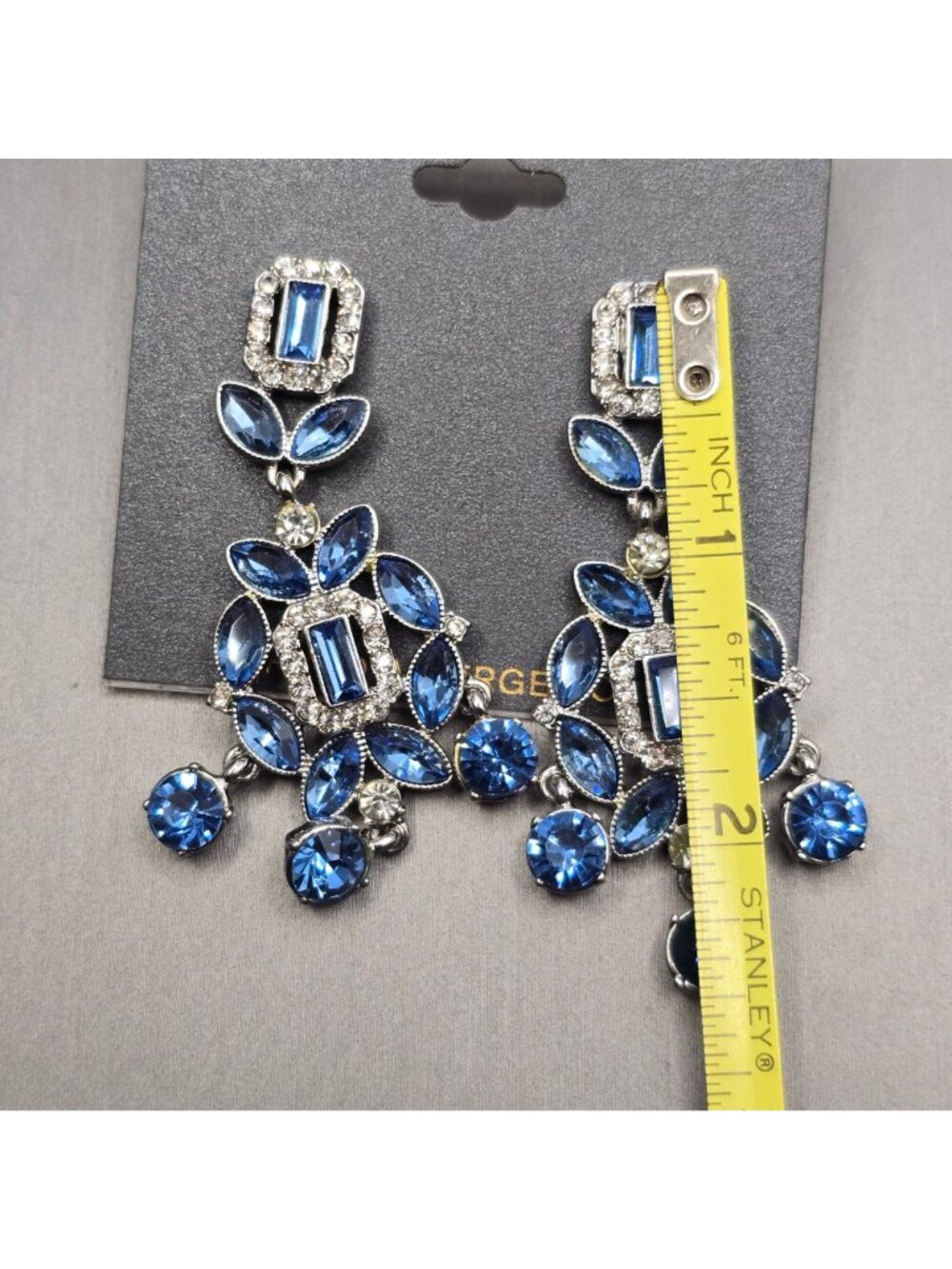 Monet Blue Chandelier Earrings Silver Tone Crystal Rhinestone Wedding Event 2.5" - Picture 5 of 6